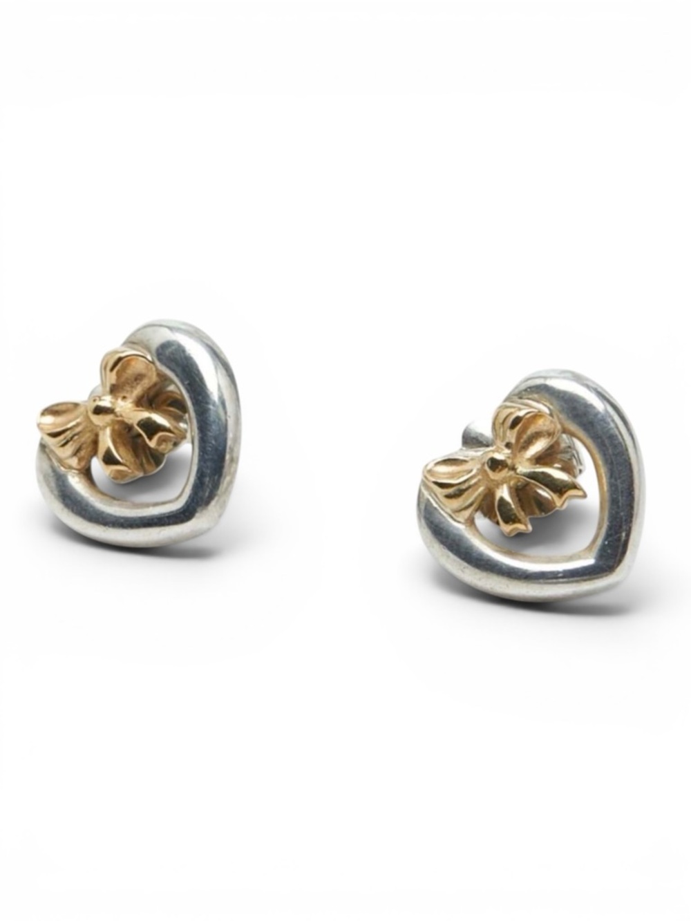 Tiffany & Co. Engraved 925 Silver Heart & 18K Gold Bow Stud Earrings Set w.Box - Picture 11 of 13